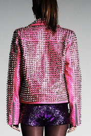 Women's Handmade Gothic Pink Studded Leather Jacket - Image 2