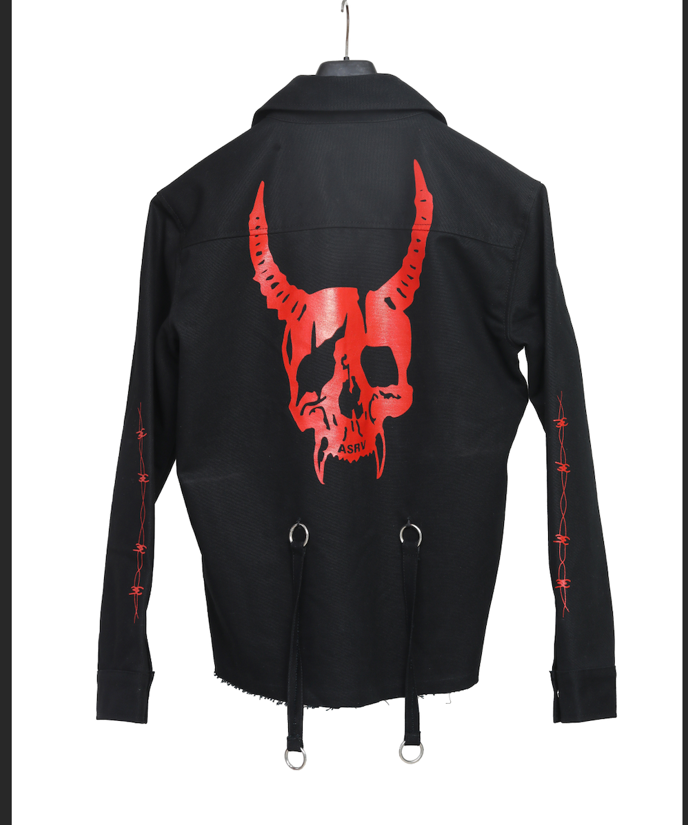 Handmade Hand Sewn Men Denim Devil Jacket, Satan Skull Printed Denim Jean Jacket
