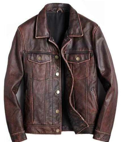 Handmade Brown Vintage Slim Fit Trucker Racer Biker Mens Cow Leather Jacket