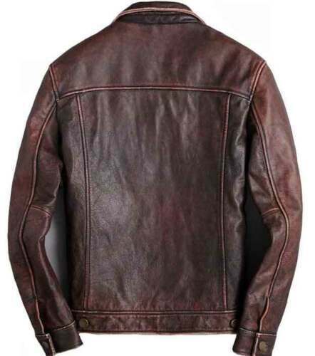 Handmade Brown Vintage Slim Fit Trucker Racer Biker Mens Cow Leather Jacket - Image 2