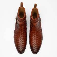 Handmade Brown Woven Chitai Mat Leather Ankle Boots, Business Office Boots