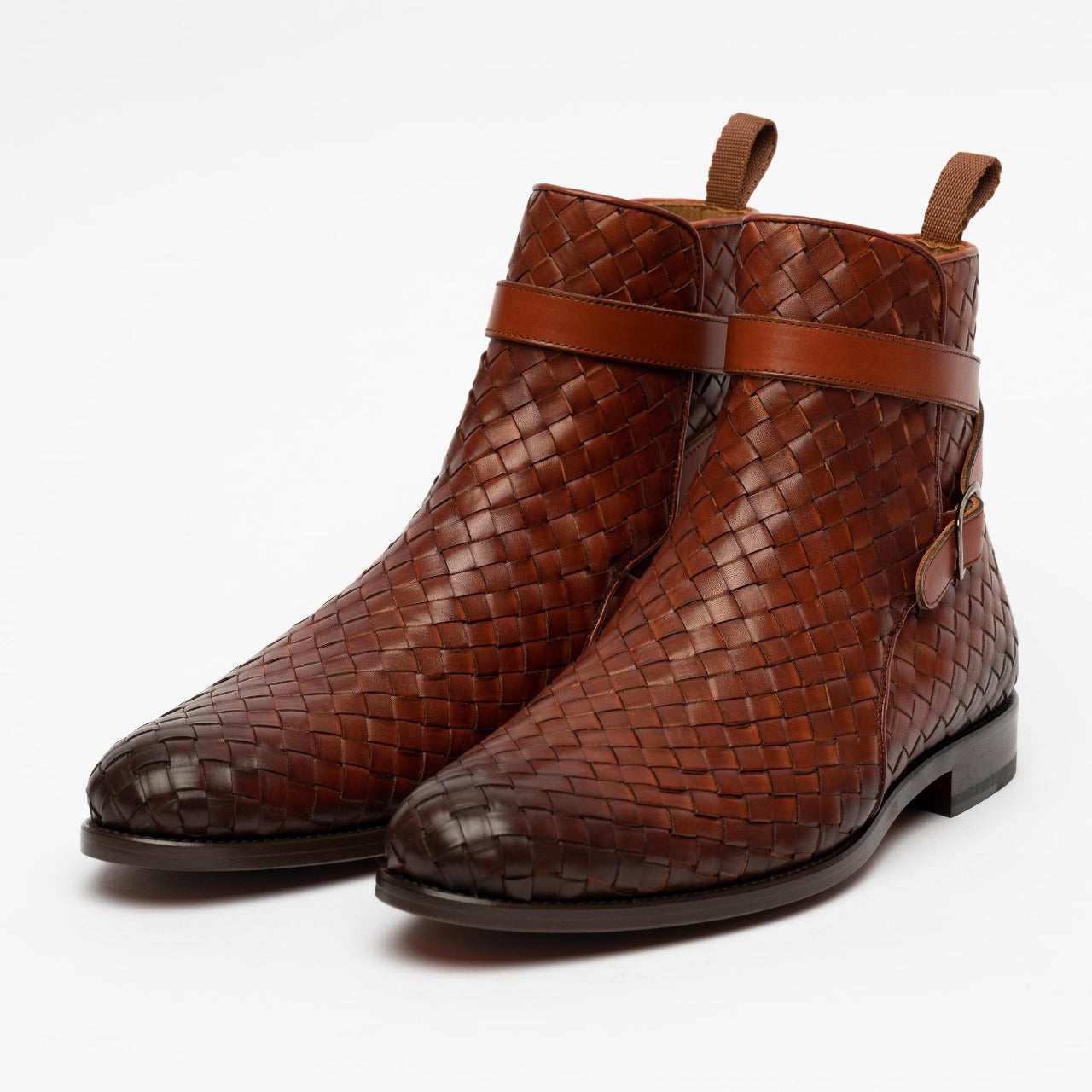 Handmade Brown Woven Chitai Mat Leather Ankle Boots, Business Office Boots