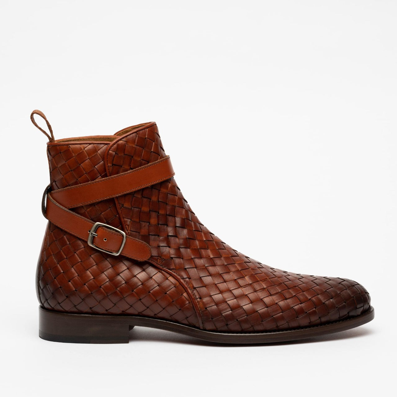 Handmade Brown Woven Chitai Mat Leather Ankle Boots, Business Office Boots