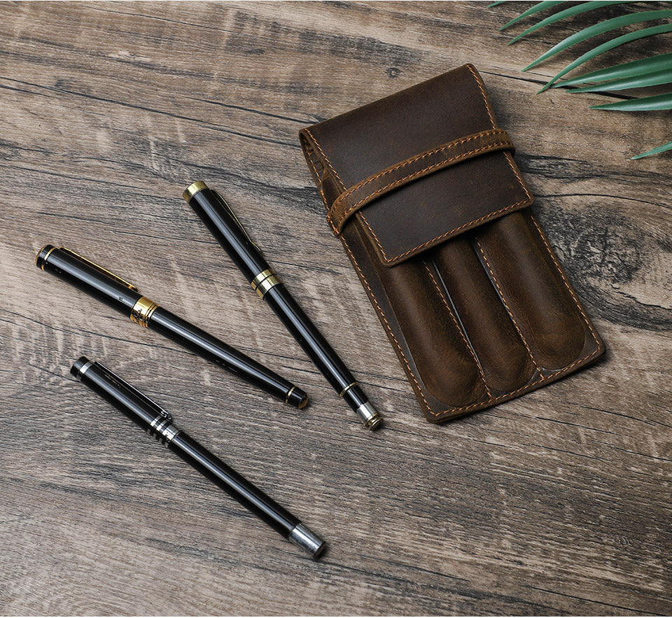 Handmade Durable Separate Slot Genuine Leather Pen Sleeve Organizer