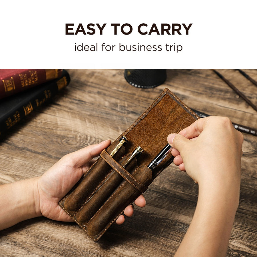 Handmade Durable Separate Slot Genuine Leather Pen Sleeve Organizer