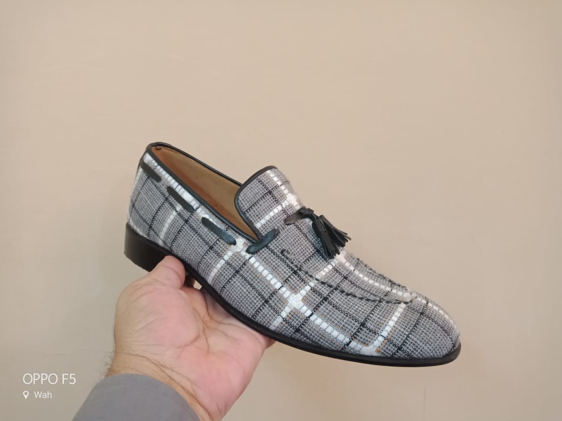 Handmade Gray Tweed fabric shoes moccasins, Mens gray Loafer Tassel shoes