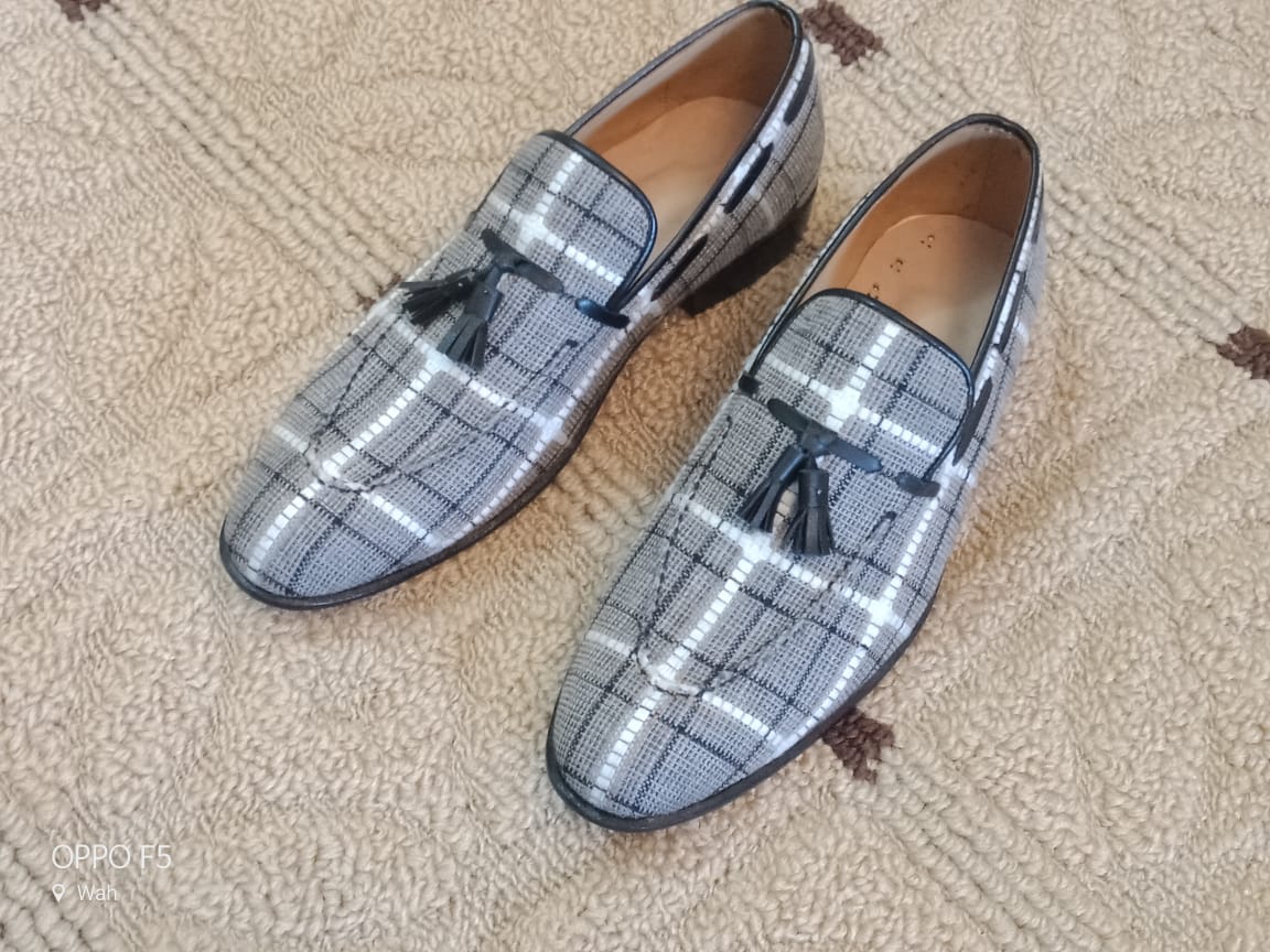 Handmade Gray Tweed fabric shoes moccasins, Mens gray Loafer Tassel shoes