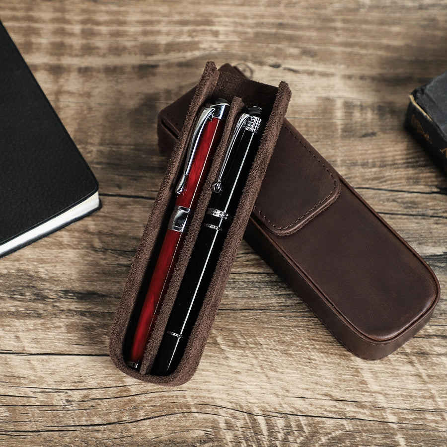 Handmade Leather Pen Case with 2 Slots and Magnetic Closure