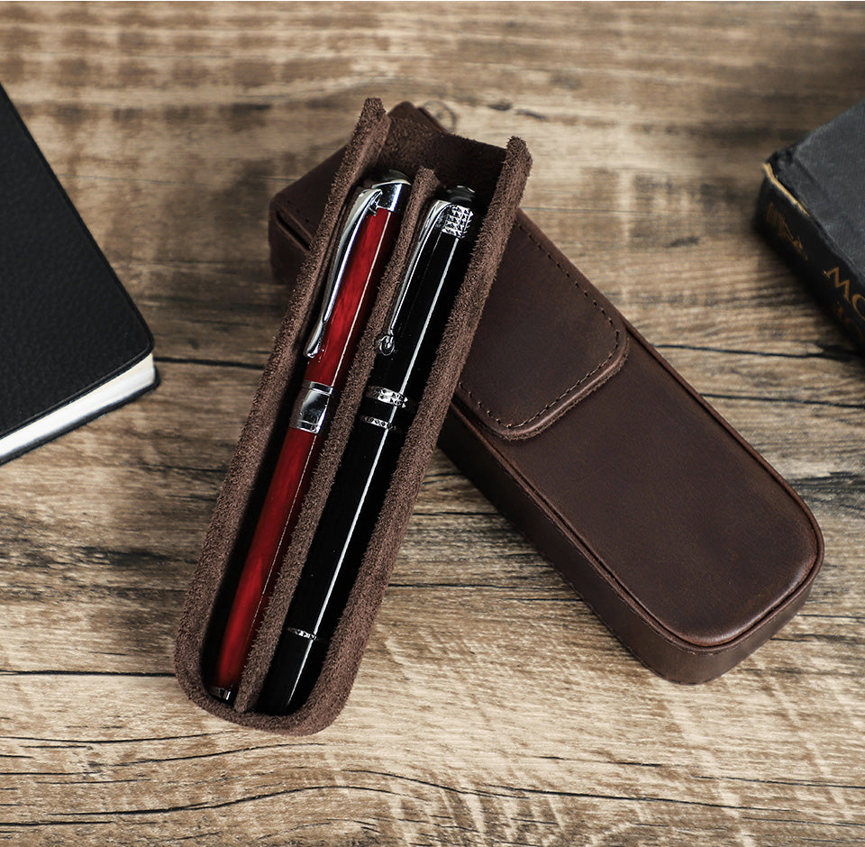 Handmade Leather Pen Case with 2 Slots and Magnetic Closure