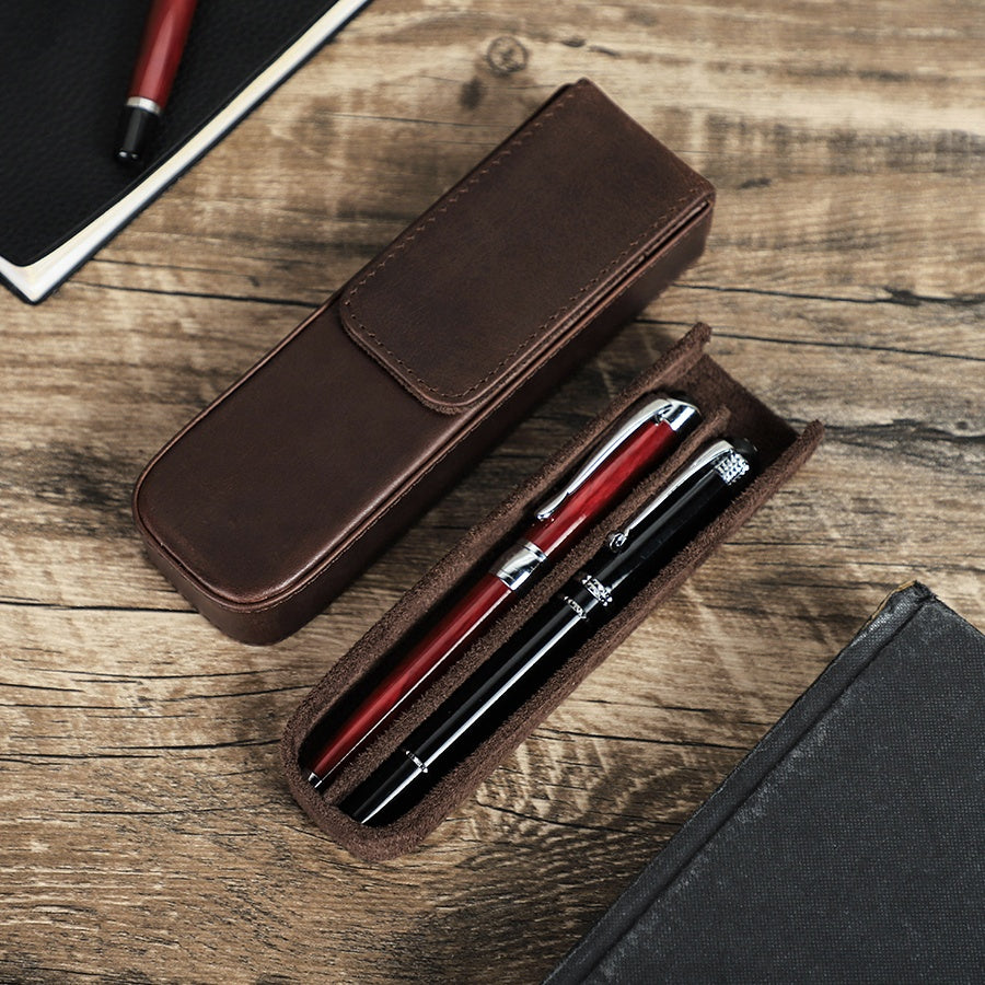 Handmade Leather Pen Case with 2 Slots and Magnetic Closure