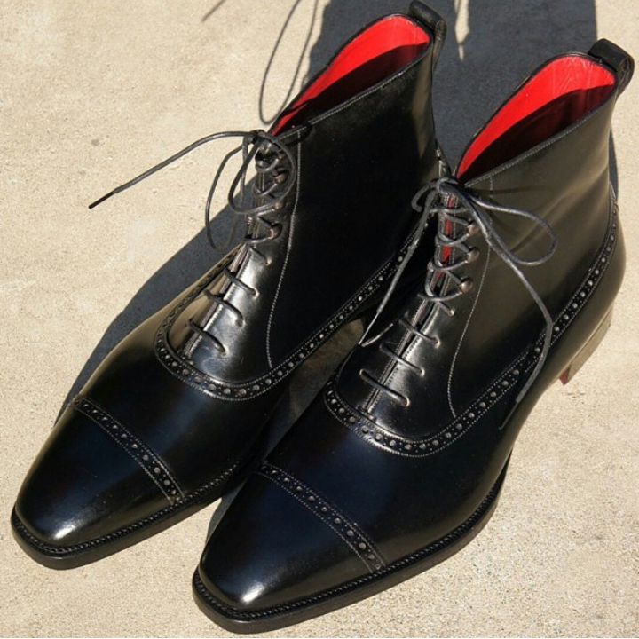 Handmade Men Black Cap Toe Lace Up Ankle High Boots, Black Ankle Boots