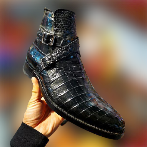 Handmade Men Black Crocodile Texture Leather Ankle Biker Boots