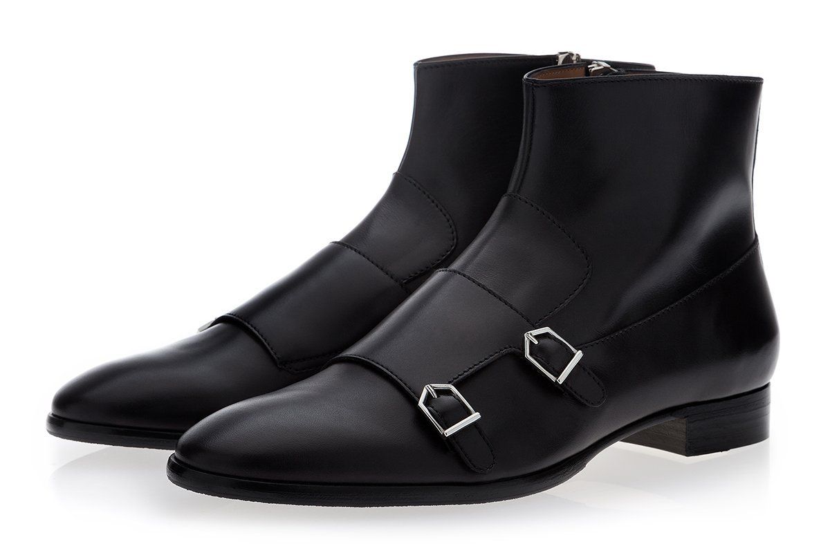 Handmade Men Black Double Monk With Side Zipper Ankle Boot, Ankle Boots