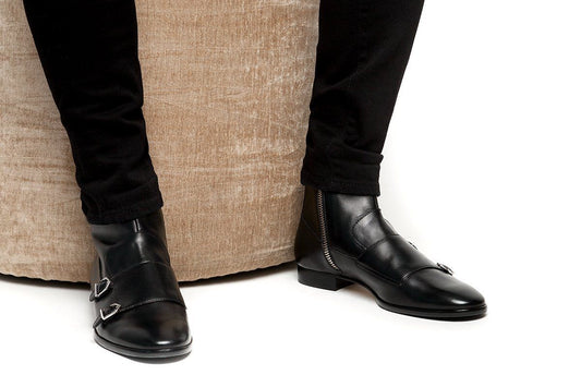 Handmade Men Black Double Monk With Side Zipper Ankle Boot, Ankle Boots