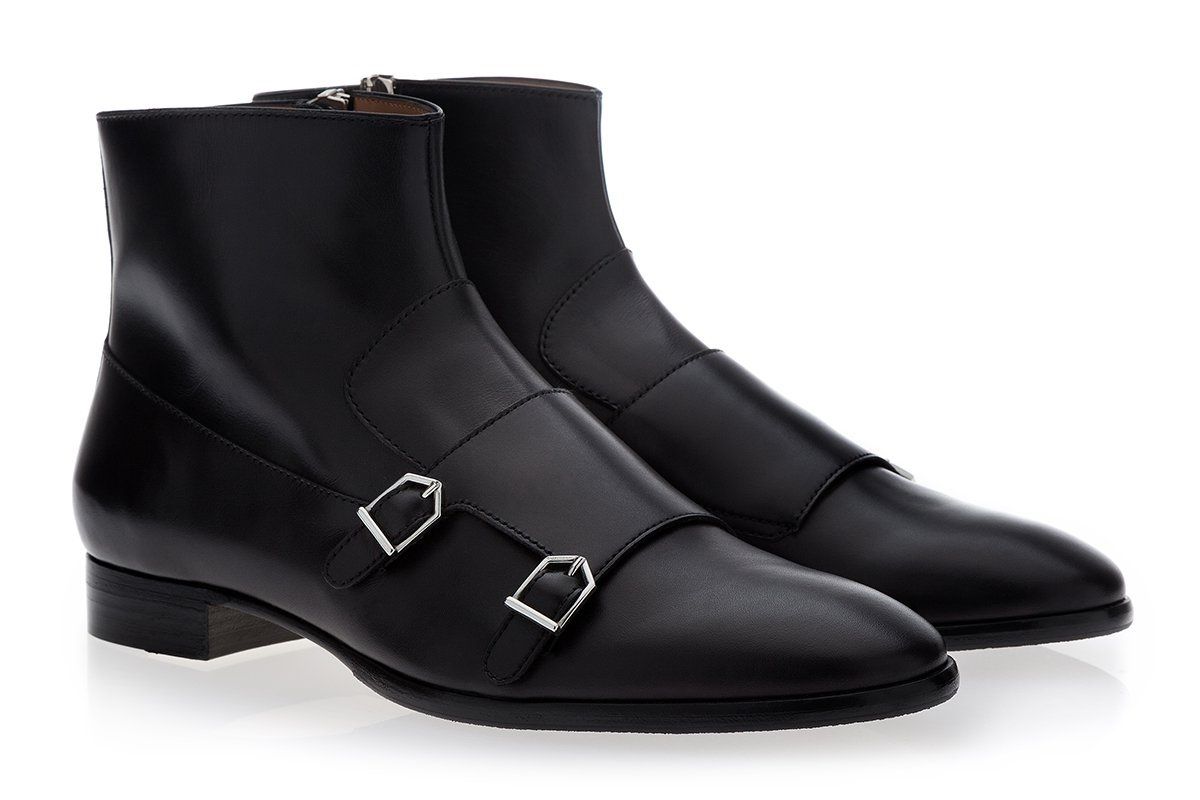 Handmade Men Black Double Monk With Side Zipper Ankle Boot, Ankle Boots