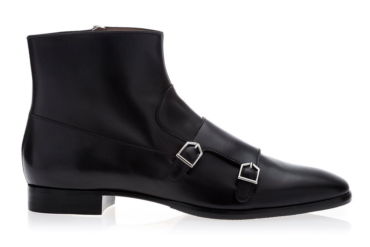 Handmade Men Black Double Monk With Side Zipper Ankle Boot, Ankle Boots