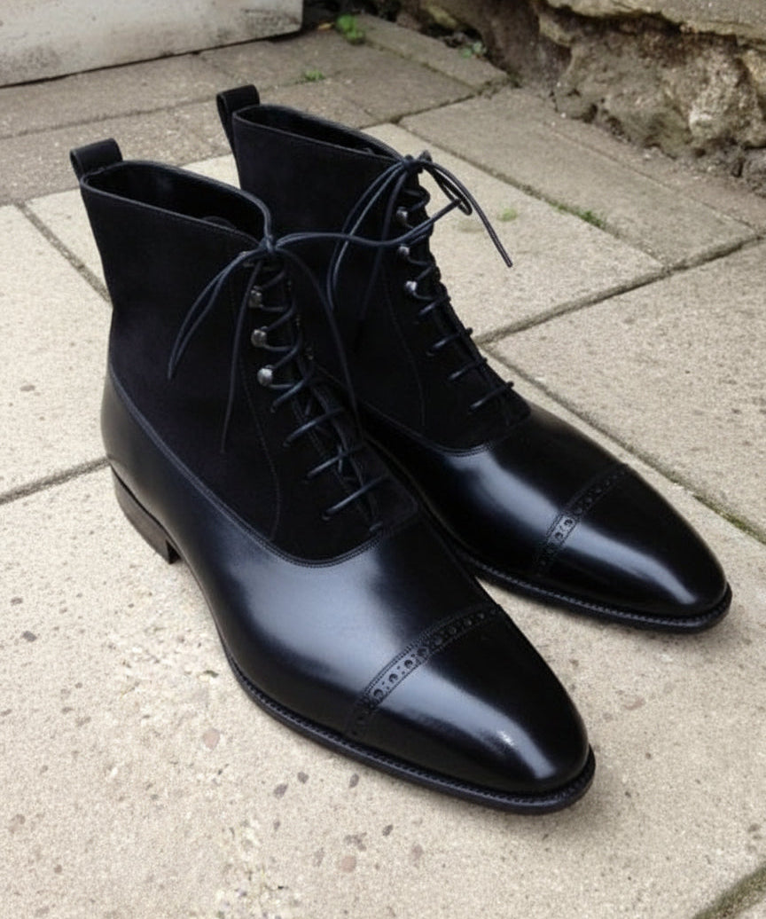 Handmade Men Black Leather And Suede Lace Up Boot, Mens Ankle Leather Boots
