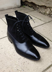 Handmade Men Black Leather And Suede Lace Up Boot, Mens Ankle Leather Boots