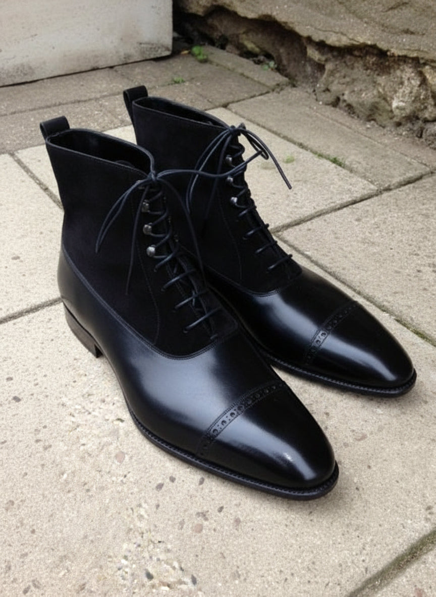 Handmade Men Black Leather And Suede Lace Up Boot, Mens Ankle Leather Boots