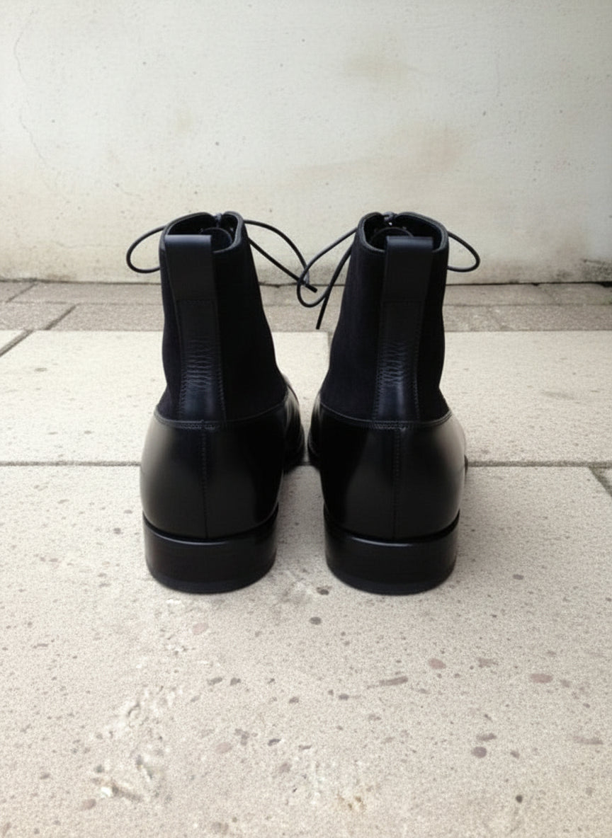 Handmade Men Black Leather And Suede Lace Up Boot, Mens Ankle Leather Boots