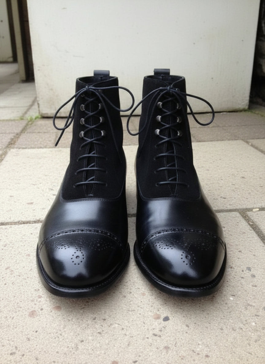 Handmade Men Black Leather And Suede Lace Up Boot, Mens Ankle Leather Boots
