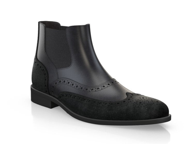 Handcrafted Men's Black Leather Chelsea Boots with Wingtip Brogue Detailing