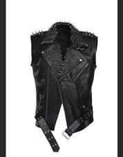 Black Leather Vest Style Jacket with Stud Work