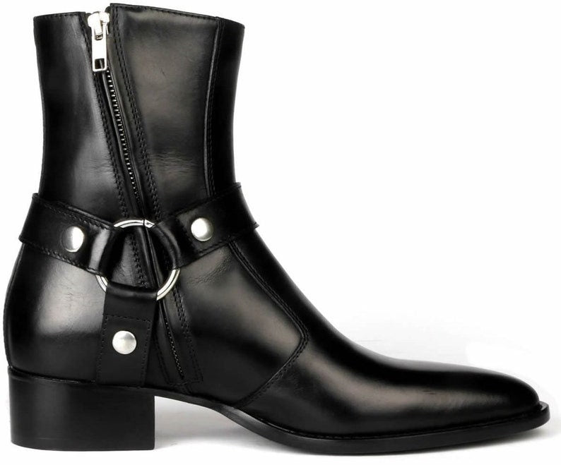 Handmade Men Black Leather Zip Boots with Cuban Heel