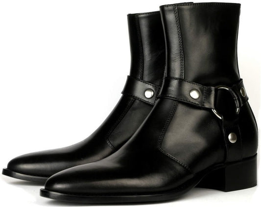 Handmade Men Black Leather Zip Boots with Cuban Heel