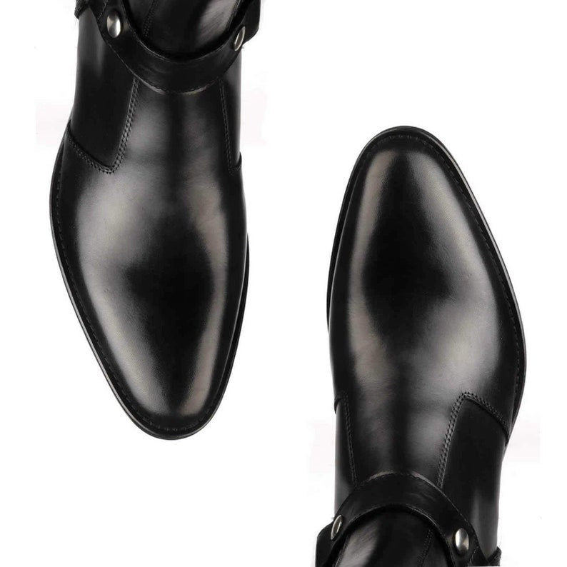 Handmade Men Black Leather Zip Boots with Cuban Heel