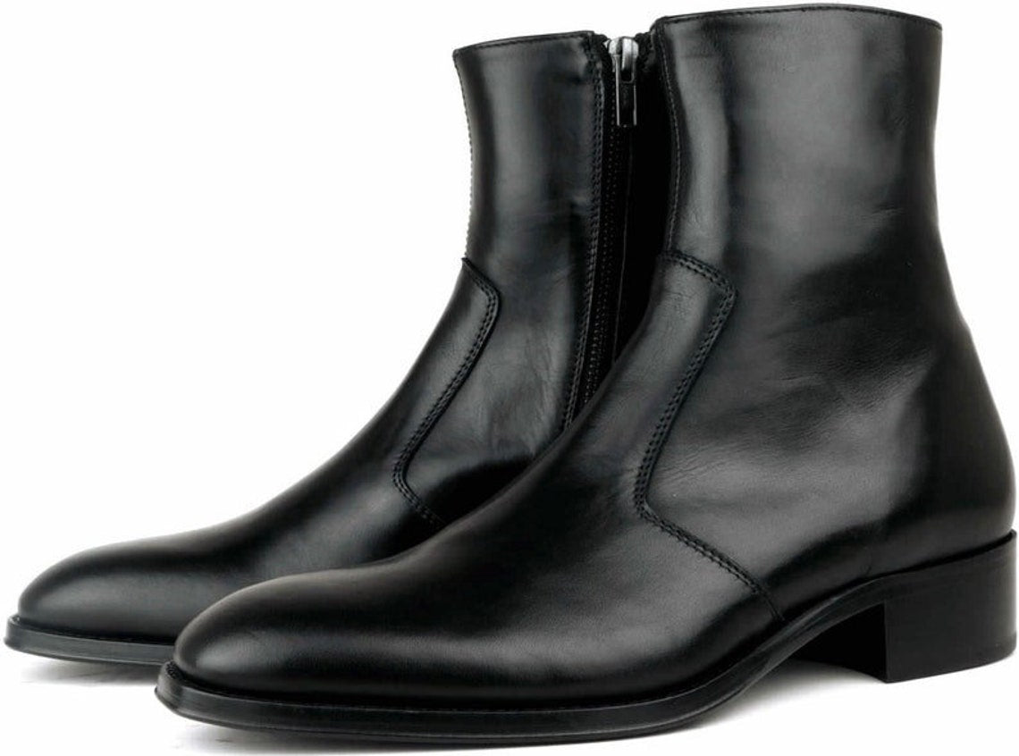 Handmade Men Black Leather Zip Boots, Engineer Boots, Winter Biker Boots