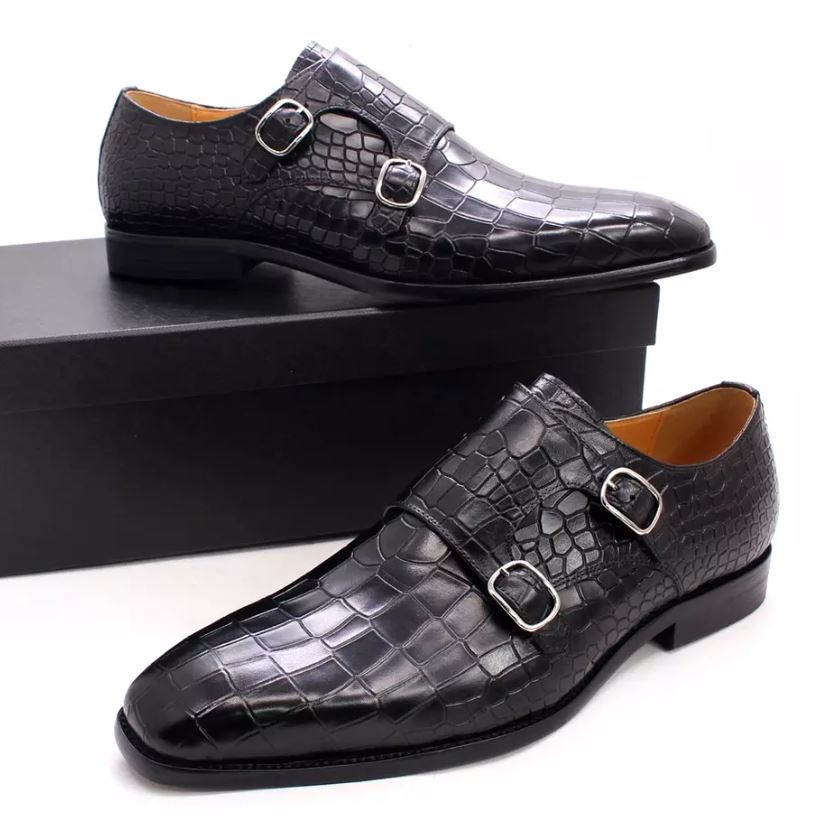 Handmade Men black monk shoes, Men black Crocodile formal buckle shoes