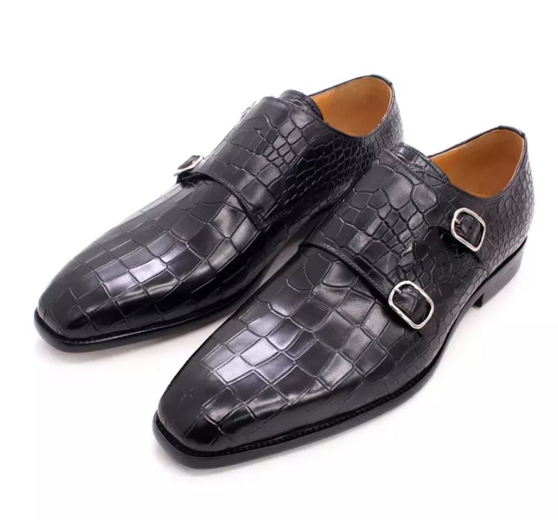 Handmade Men black monk shoes, Men black Crocodile formal buckle shoes