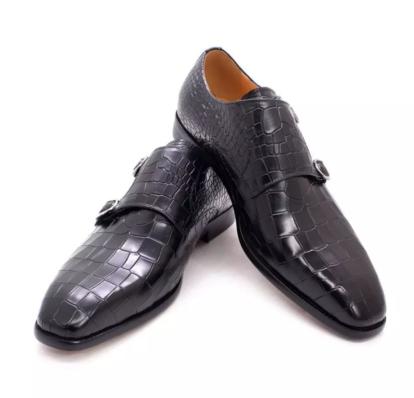 Handmade Men black monk shoes, Men black Crocodile formal buckle shoes