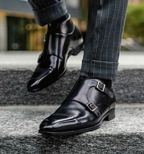 Handmade Men black monk shoes, Men black Leather Oxford shoes