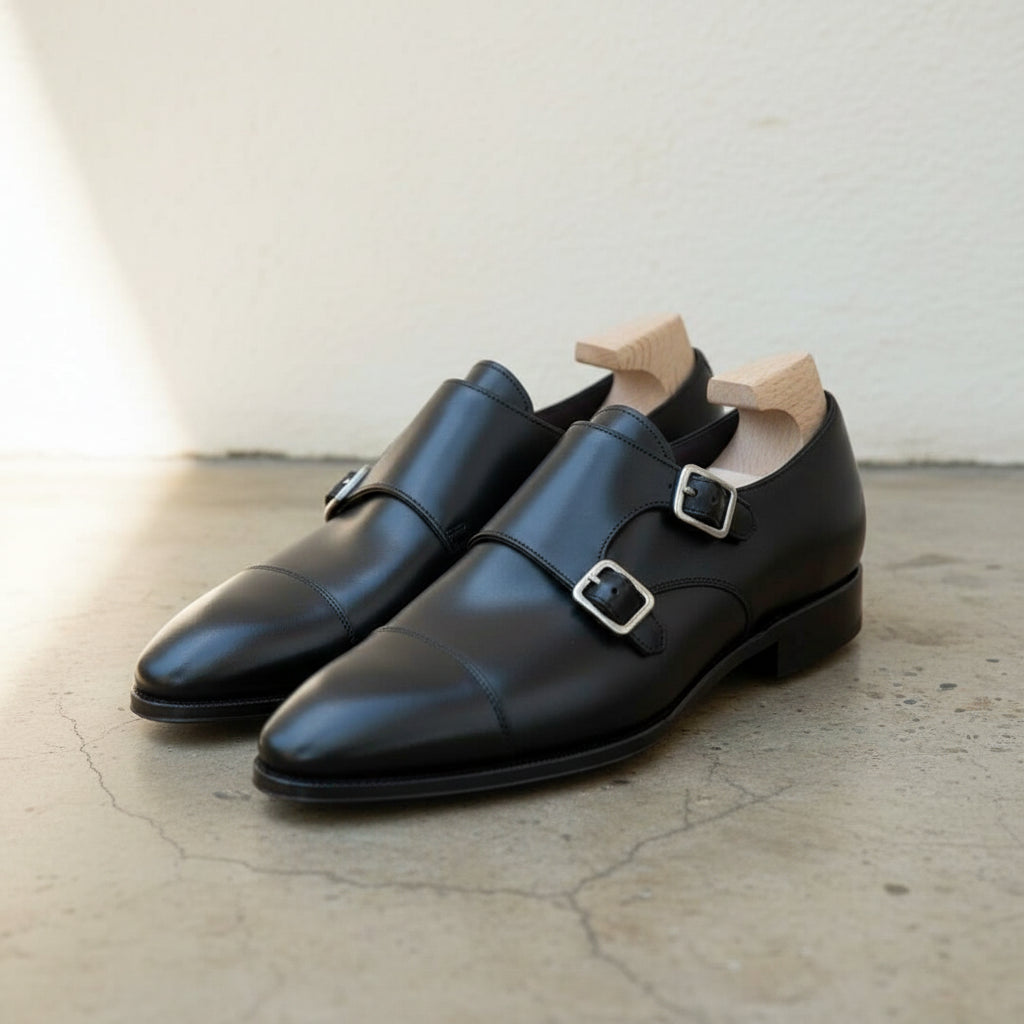 Handmade Men Black Monk Strap Leather shoes, Formal Monk Strap Dress Sh - 3-4-right-view
