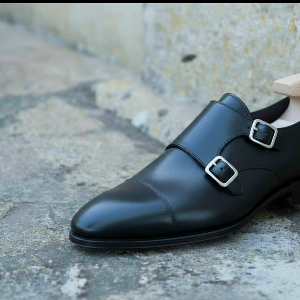 Handmade Men Black Monk Strap Leather shoes, Formal Monk Strap Dress Sh - detail-view-showing-texture
