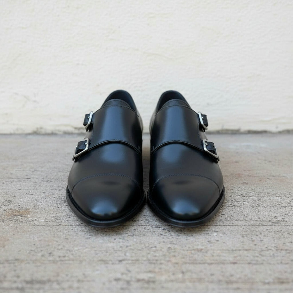 Handmade Men Black Monk Strap Leather shoes, Formal Monk Strap Dress Sh - front-view