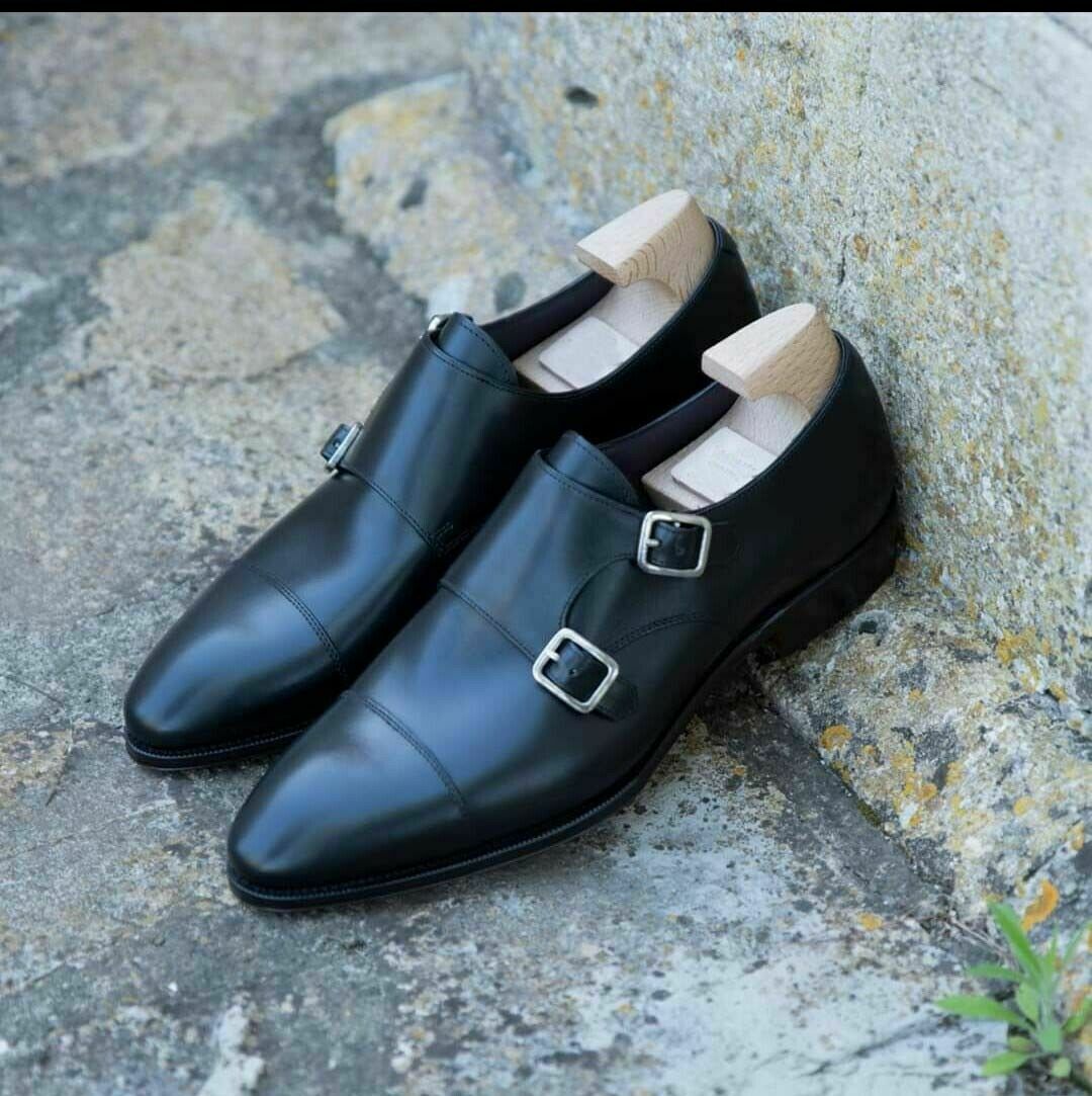 Handmade Men Black Monk Strap Leather shoes, Formal Monk Strap Dress Sh