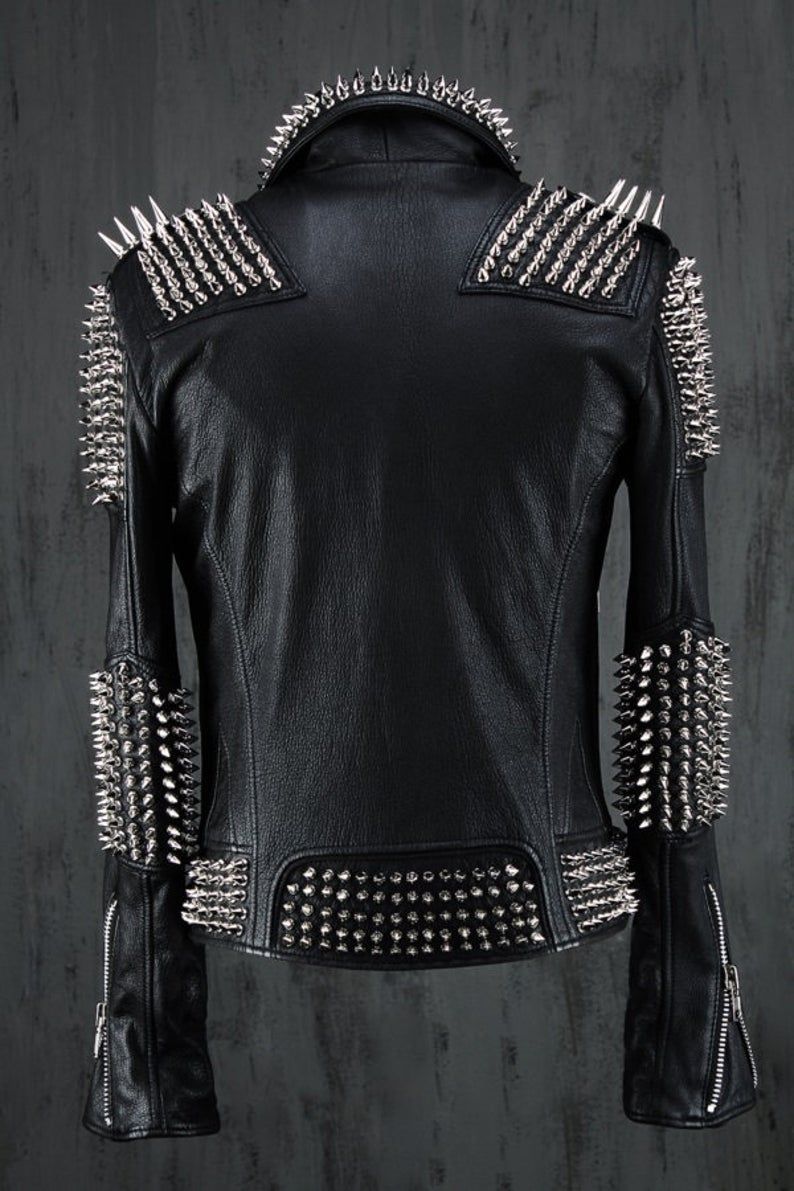 Punk Handmade Men Black Silver Long Spiked Studded Leather Jacket