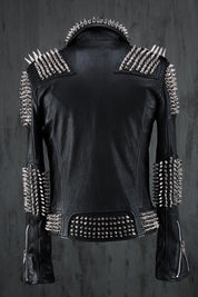 Punk Handmade Men Black Silver Long Spiked Studded Leather Jacket