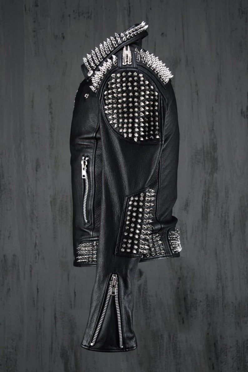 Punk Handmade Men Black Silver Long Spiked Studded Leather Jacket