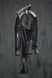 Punk Handmade Men Black Silver Long Spiked Studded Leather Jacket