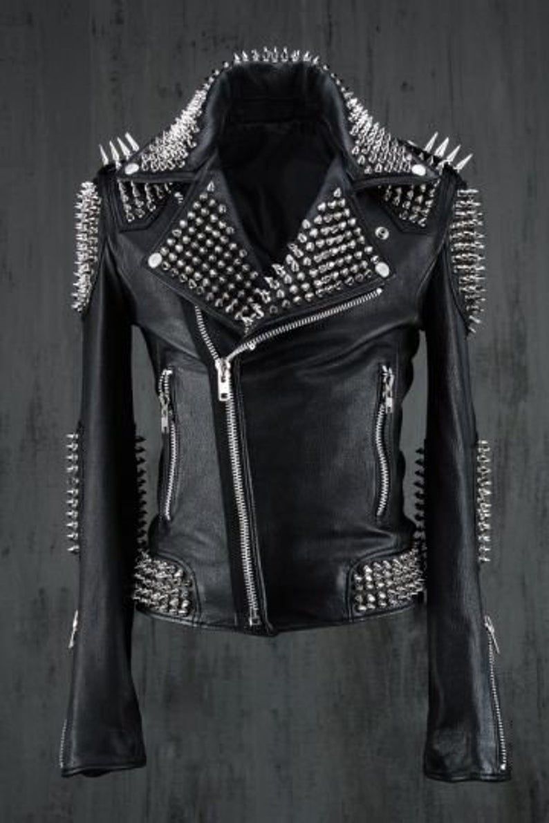 Punk Handmade Men Black Silver Long Spiked Studded Leather Jacket