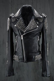 Punk Handmade Men Black Silver Long Spiked Studded Leather Jacket
