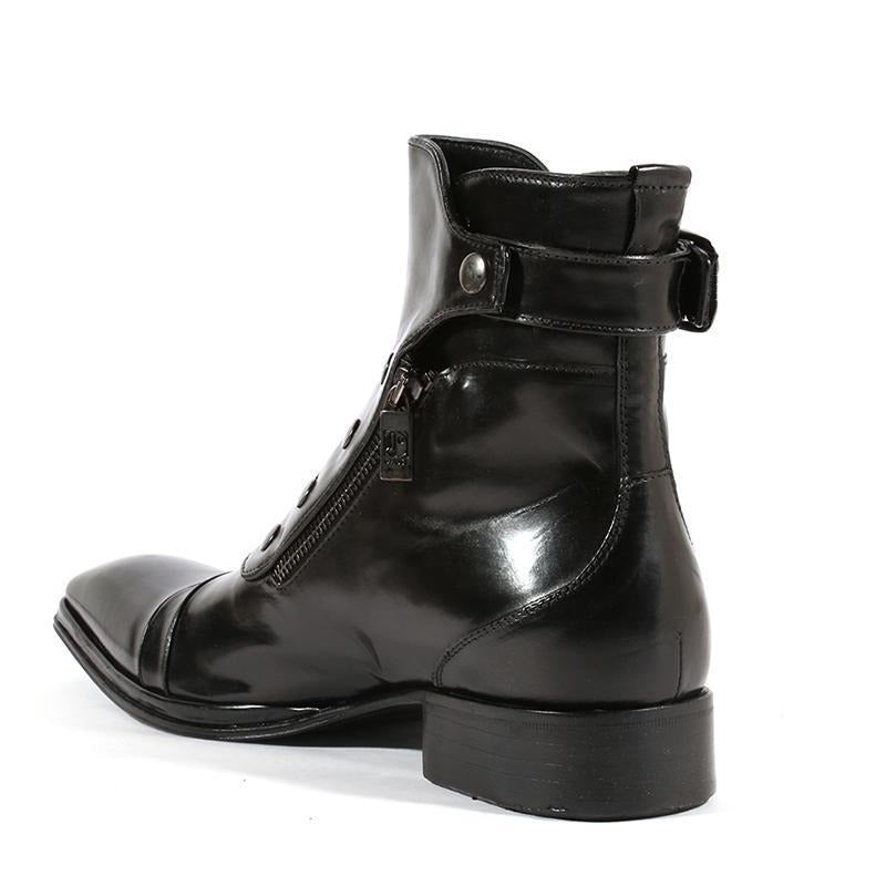 Handmade Men Black Side Button, Side Zipper High Ankle Strap Leather Boots