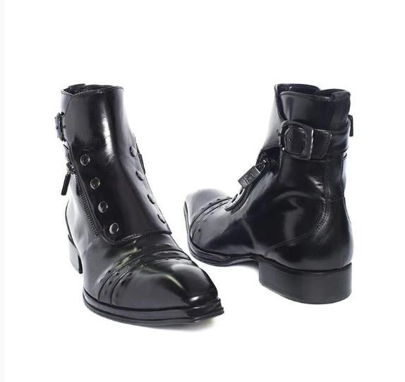 Handmade Men Black Side Button, Side Zipper High Ankle Strap Leather Boots