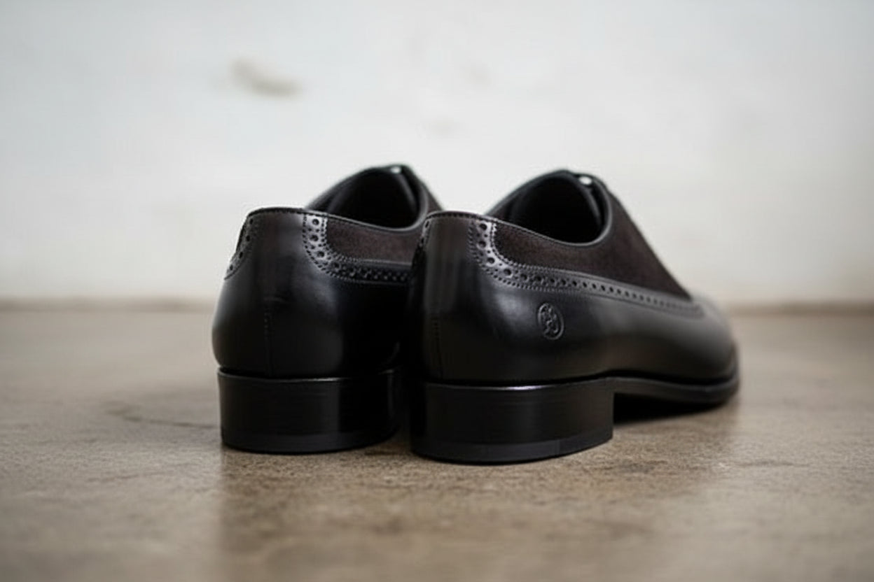 Handmade Men Black Suede And Leather Formal Shoes, Black Dress Shoes