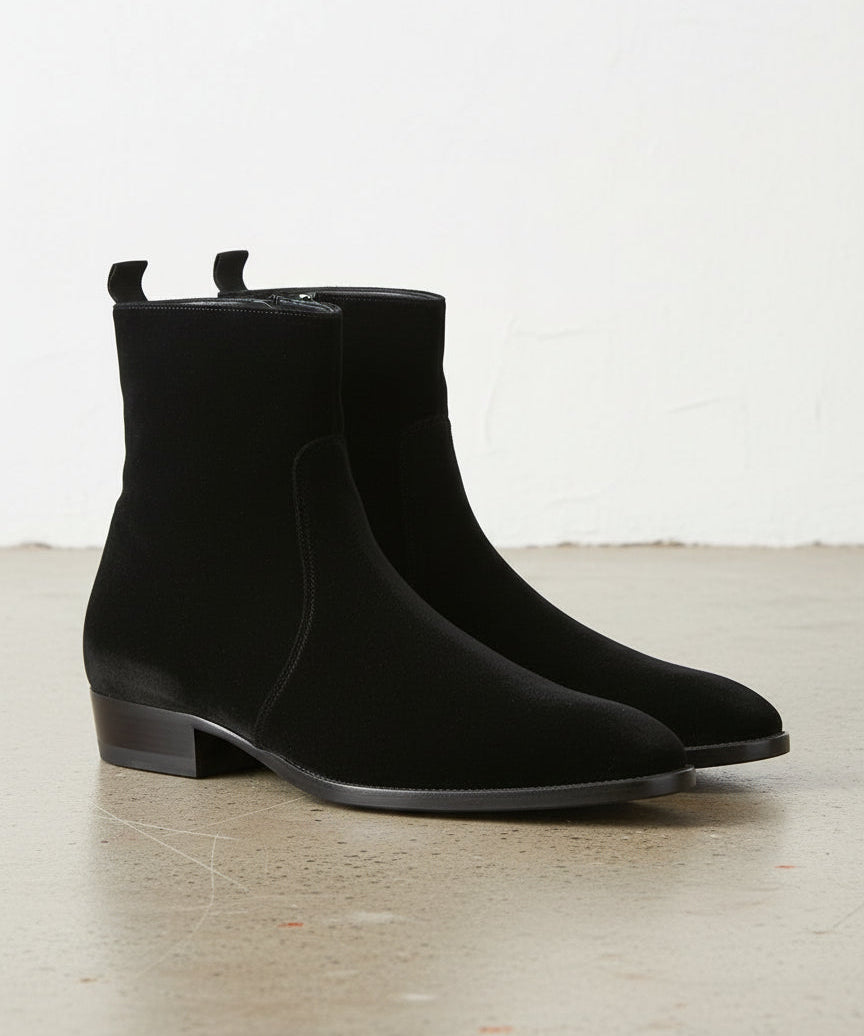 Handmade Men Black Suede Ankle dress boots, Men black side zip ankle boot - 3-4-right-view