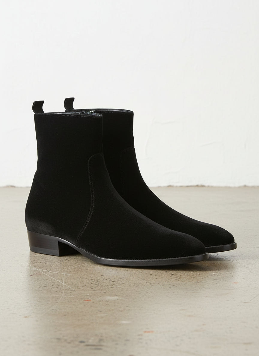 Handmade Men Black Suede Ankle dress boots, Men black side zip ankle boot - 3-4-right-view